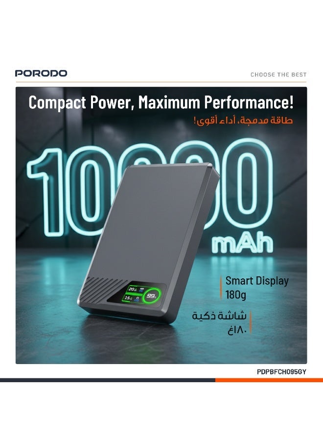 porodo SlimMag Magnetic Power Bank 10000mAh Battery with Real-Time Power Display and PD 20W / Fast Charger MagSafe Powerbank 10000 mAh / Strong Magnetic Hold - Grey - Image 4